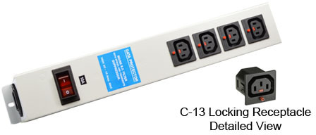<font color="red">LOCKING </font> IEC 60320 C-13 C-14 PDU POWER STRIP, 4 IEC 60320 <font color="red">LOCKING C-13 POWER OUTLETS </font>, 10 AMPERE 230 VOLT, VERTICAL RACK / SURFACE MOUNT, METAL ENCLOSURE, R.F. FILTER, SURGE PROTECTION (140 JOULES), ILLUMINATED 10 AMPERE DOUBLE POLE CIRCUIT BREAKER, 2 POLE-3 WIRE GROUNDING, IEC 60320 C-14 POWER INLET, GRAY.

<br><font color="yellow">Notes: </font> 
<br><font color="yellow">*</font> Press in and hold down the <font color=Red>red button</font> until the C-14 plug is fully seated in the C-13 locking outlet, then release the button. This procedure locks in the C-14 plug. Push in and hold the red button to unlock the C-14 plug.
<br><font color="yellow">*</font> </font><font color="RED"> IEC 60320 Integrated Component Locking System:</font> IEC 60320 C-13 locking power strip, locking power cords and locking power outlets (NEMA L5-15, L6-15, L5-20, L6-20, L5-30, L6-30 and IEC 60309 (6h) (4h) type) can be combined in a system wide configuration of integrated locking components that prevent accidental disconnects. Call application specialist for details.
