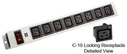 <font color="red">LOCKING </font> IEC 60320 C-19 C-20 PDU POWER STRIP, 8 IEC 60320 <font color="red">LOCKING C-19 POWER OUTLETS </font>, 15 AMPERE 240 VOLT, VERTICAL RACK / SURFACE MOUNT, METAL ENCLOSURE, ILLUMINATED 15 AMPERE DOUBLE POLE CIRCUIT BREAKER, 2 POLE-3 WIRE GROUNDING (2P+E), IEC 60320 C-20 POWER INLET, GRAY.

<br><font color="yellow">Notes: </font> 
<br><font color="yellow">*</font> Press in and hold down the <font color=Red>red button</font> until the C-20 plug is fully seated in the C-19 locking outlet, then release the button. This procedure locks in the C-20 plug. Push in and hold the red button to unlock the C-20 plug.
<br><font color="yellow">*</font> <font color="RED"> IEC 60320 Integrated Component Locking System:</font> IEC 60320 C-19 locking power strip, locking power cords and locking power outlets (NEMA L5-15, L6-15, L5-20, L6-20, L5-30, L6-30 and IEC 60309 (6h)(4h) type) can be combined in a system wide configuration of integrated locking components that prevent accidental disconnects. Call application specialist for details.

