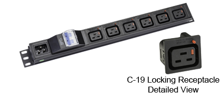 <font color="RED">LOCKING </font> IEC 60320 C-19 C-20, 16A-250V PDU POWER STRIP, 6 IEC 60320 <font color="RED"> LOCKING C-19 POWER OUTLETS</font>, IEC 60320 C-20 POWER INLET, "19 IN." VERTICAL RACK OR SURFACE MOUNT, (1U) METAL ENCLOSURE, 16 AMP. DOUBLE POLE CIRCUIT BREAKER, 2 POLE-3 WIRE GROUNDING (2P+E). BLACK.

<br><font color="yellow">Notes: </font> 
<br><font color="yellow">*</font> Operating temp. = -10�C to +60�C.
<br><font color="yellow">*</font> Storage temp. = -25�C to +65�C.
<br><font color="yellow">*</font> Press in and hold down the <font color=Red>red button</font> until the C-20 plug is fully seated in the C-19 locking outlet, then release the button. This procedure locks in the C-20 plug. Push in and hold down the red button to unlock the C-20 plug.
<br><font color="yellow">*</font> <font color="RED"> IEC 60320 Integrated Component Locking System:</font> IEC 60320 C-19 locking power strip, locking power cords and locking power outlets (NEMA L5-15, L6-15, L5-20, L6-20, L5-30, L6-30 and IEC 60309 (6h)(4h) type) can be combined in a system wide configuration of integrated locking components that prevent accidental disconnects. Call application specialist for details.
<br><font color="yellow">*</font> C-19, C-20 locking power cords, locking outlet strips, locking C-19 panel mount outlets are listed below in related products. Scroll down to view.




  
 