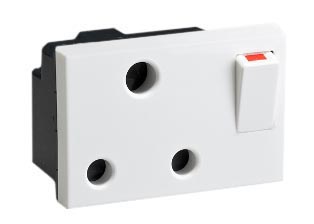 INDIA 16 AMPERE-250 VOLT IS 1293:2005 <font color="yellow"> TYPE  M </font>[IN1-16R] OUTLET, ON/OFF SWITCH, SHUTTERED CONTACTS, 67.5mmX45mm MODULAR SIZE, 2 POLE-3 WIRE GROUNDING [2P+E]. WHITE. 

<br><font color="yellow">Notes: </font> 
<BR><font color="yellow">*</font> ISI mark, BIS approved,<font color="yellow"></font>
 <br><font color="yellow">*</font> Flush mount, Surface Mount. 
<br><font color="yellow">*</font> Mounts on American 2X4 Wall boxes. Requires # 79170X45-N Frame & # 79180X45-N Wall plate.
<br><font color="yellow">*</font> Mounts on American 4X4 Wall boxes. Requires # 79210X45N Frame & Wall plate # 79220X45-N.
<br><font color="yellow">*</font> Weatherproof Surface mount Enclosures (IP66), (IP55) Available.
<br><font color="yellow">*</font> India power cords, outlets, GFCI-RCD receptacles, plug Adapters listed below in related products. Scroll down to view.

  