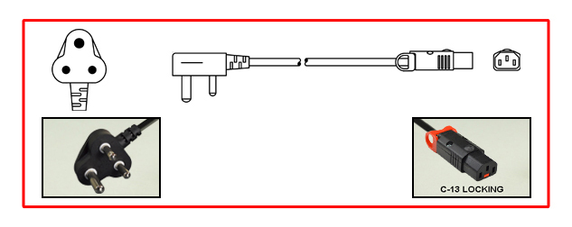 INDIA 10 AMPERE-250 VOLT LOCKING POWER CORD, IS 1293,<font color="yellow"> TYPE M </font> (IN1-16P) PLUG, IEC 60320 <font color="red">LOCKING C13 CONNECTOR</font>, H05VV-F 1.0mm2 CONDUCTORS, 70C, 2 POLE-3 WIRE GROUNDING (2P+E), 2.5 METERS [8FT-2IN] [98"] LONG. BLACK.
<br><font color="yellow">Length: 2.5 METERS [8FT-2IN]</font>

<br><font color="yellow">Notes: </font> 
<br><font color="yellow">*</font> Locking C13 connector designed to securely lock onto all C14 inlets, C14 plugs, C14 power cords.
<br><font color="yellow">*</font> IEC C13 connector locks onto C14 power inlets, Slide red lever to release (unlock) C13 connector.
<br><font color="yellow">*</font> Power cords, plugs, outlets, GFCI/RCD sockets, power strips, plug adapters listed below. Scroll down to view.









 
 