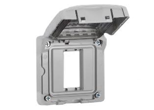 WEATHERPROOF IP55 RATED PANEL MOUNT COVER (*) WITH TRANSPARENT LIFT LID. ACCEPTS ONE 22.5mmX45mm MODULAR SIZE DEVICE. GRAY. 

<br><font color="yellow">Notes: </font> 
<br><font color="yellow">*</font> (*) Weatherproof cover has flexible transparent membrane insert that allows switches, GFCI/RCD & overload circuit breakers to be turned ON / OFF when cover is closed.