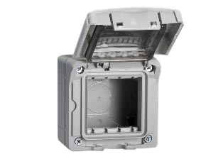 WEATHERPROOF, 2 GANG, IP55 RATED, INSULATED, SURFACE MOUNT BOX AND COVER (*) WITH TRANSPARENT LIFT LID. ACCEPTS ONE 45mmX45mm OR TWO 22.5mmX45mm MODULAR SIZE DEVICES. GRAY.

<br><font color="yellow">Notes: </font> 
<br><font color="yellow">*</font> Box has 23mm diameter knockouts & membrane gland cable entry.
<br><font color="yellow">*</font> Not for use with #74452X45 circuit breaker.
<br><font color="yellow">*</font> (*) Weatherproof cover has flexible transparent membrane insert that allows switches, GFCI/RCD & overload circuit breakers to be turned ON / OFF when cover is closed.