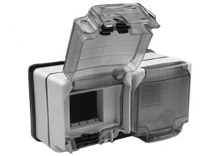 WEATHERPROOF IP66 RATED SURFACE MOUNT 2 GANG (EXTRA DEEP WALL BOX) WITH TRANSPARENT LIFT LID COVERS. ACCEPTS ALL 22.5mmX45mm, 45mmX45mm MODULAR SIZE OUTLETS AND RELATED MODULAR DEVICES. GRAY.

<br><font color="yellow">Notes: </font> 
<br><font color="yellow">*</font> Not for use with #74452X45 circuit breaker.
<br><font color="yellow">*</font> Lift lid cover can be completely closed when used with specific down angle plugs. Contact our technical group for compatible angle plugs.
