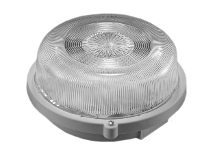 EUROPEAN / INTERNATIONAL ROUND BULKHEAD 230 VOLT, 50 HZ, 13 WATT FLUORESCENT, IP44 RATED LIGHT FIXTURE, (LESS LAMP), GLASS LENS (LESS LENS GUARD), THERMOPLASTIC BASE, THREE CONDUIT/CABLE ENTRIES, SURFACE MOUNT. GRAY. 

<br><font color="yellow">Notes: </font> 
<br><font color="yellow">*</font> Use lamp #69320.