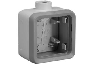 WEATHERPROOF IP55 RATED ONE GANG SURFACE MOUNT WALL BOX, M20 CABLE / CONDUIT ENTRY HUB <font color="yellow">(*)</font>, WALL BOX MOUNTING ORIENTATION OPTIONS = HUB ON TOP OR BOTTOM. GRAY.

<br><font color="yellow">Notes: </font> 
<br><font color="yellow">*</font>  Accepts 22.5mmX45mm & 45mmX45mm modular size devices.
<br><font color="yellow">*</font> <font color="yellow">(*)</font> M20 adapter #01614 available. Converts M20 to 1/2 inch National Pipe Thread (NPT).
<br><font color="yellow">*</font> For IP55 weatherproof applications: Use #69580X45 modular device lift lid weatherproof cover with #69656X45.
<br><font color="yellow">*</font> For IP20 applications: Use #69582X45 modular device support frame with #69656X45.
 

 