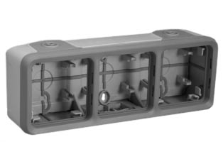 WEATHERPROOF IP55 RATED THREE GANG SURFACE MOUNT HORIZONTAL WALL BOX, MEMBRANE CABLE / CONDUIT SEALING GLANDS AT TOP AND BOTTOM OF BOX. GRAY.

<br><font color="yellow">Notes: </font> 
<br><font color="yellow">*</font> Accepts 22.5mmX45mm, 45mmX45mm modular size devices.
<br><font color="yellow">*</font> For IP55 weatherproof applications: Use three #69580X45 modular device lift lid weatherproof covers with #69680X45.
<br><font color="yellow">*</font> For IP20 applications: Use three #69582X45 modular device support frames with #69680X45.

 