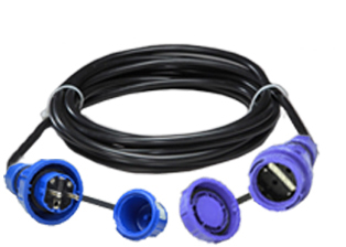 EUROPEAN SCHUKO, GERMAN WATERTIGHT 15 FOOT EXTENSION CORD, 16 AMPERE-250 VOLT, H07RN-F 2.5mm RUBBER CORDAGE, IP68 WATERTIGHT PLUG CEE 7/7 TYPE F (EU1-16P), IP68 WATERTIGHT CONNECTOR TYPE F CEE 7/3 (EU1-16R), 2 POLE-3 WIRE GROUNDING (2P+E). BLUE.
<br><font color="yellow">Length: 4.6 METERS (15 FEET)</font>  
<br><font color="yellow">Notes: </font>
<br><font color="yellow">*</font><font color="orange">Custom lengths / designs available.</font>
<br><font color="yellow">*</font> Extension Cord Locks onto European Schuko German IP68 Watertight Panel Mount Power Inlet # <a href="https://internationalconfig.com/icc6.asp?item=71442" style="text-decoration: none">71442</a>.

<br><font color="yellow">*</font> Extension Cord Locks onto European Schuko German IP67 Watertight Power Strip # <a href="https://internationalconfig.com/icc6.asp?item=71449" style="text-decoration: none">71449</a>.

<br><font color="yellow">*</font> France / Belgium Watertight extension cords available. View  # <a href="https://internationalconfig.com/icc6.asp?item=71015" style="text-decoration: none">71015</a>.

<BR><font color="yellow">*</font> Material: Nylon, Temp. Range = -5C to +40C.<br><font color="yellow">*</font> Watertight IP68 European Schuko, German outlets, plugs, connectors listed below in related products. Scroll down to view. 
