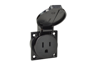 15 AMPERE-125 VOLT (USA / NEMA 5-15R) WEATHERPROOF PANEL OR WALL BOX MOUNT POWER OUTLET (WITH GASKET), "T" MARK (IMPACT RESISTANT), 2 POLE-3 WIRE GROUNDING (2P+E). BLACK.

<br><font color="yellow">Notes: </font> 
<br><font color="yellow">*</font> Stainless steel wall plates #97120-BZ and #97120-DBZ mounts outlet onto standard American 2x4 and 4x4 wall boxes.
<br><font color="yellow">*</font> Optional panel mount terminal shield #70127 available.
<br><font color="yellow">*</font> Not for use with #70125 wall box.
<br><font color="yellow">*</font> International / Worldwide panel mount power outlets for all countries are listed below in related products. Scroll down to view.

 