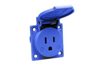 15 AMPERE-125 VOLT (NEMA 5-15R) WEATHERPROOF (IP54 COVER CLOSED) OUTLET (WITH GASKET) "T" MARK IMPACT RESISTANT, 2 POLE-3 WIRE GROUNDING (2P+E). BLUE. 

<br><font color="yellow">Notes: </font> 
<br><font color="yellow">*</font> Operating temp. = -25�C to +40�C.
<br><font color="yellow">*</font> Stainless steel wall plates #97120-BZ and #97120-DBZ mounts outlet onto standard American 2x4 and 4x4 wall boxes.
<br><font color="yellow">*</font> Outlet surface / panel mount wall box = use #70125.
<br><font color="yellow">*</font> Outlet DIN rail mount = use #70125-DIN bracket & #70125 wall box.
<br><font color="yellow">*</font> Outlet terminal shield = use #70127.
<br><font color="yellow">*</font> International / Worldwide panel mount power outlets for all countries are listed below in related products. Scroll down to view.
