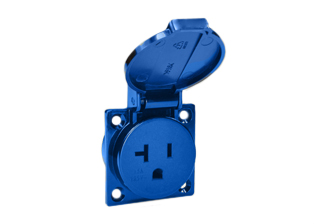 20 AMPERE-125 VOLT (USA / NEMA 5-20R) WEATHERPROOF (IP44 COVER CLOSED) PANEL OR WALL BOX MOUNT POWER OUTLET (WITH GASKET), SCREW CONNECT TERMINALS, 2 POLE-3 WIRE GROUNDING (2P+E). BLUE.

<br><font color="yellow">Notes: </font> 
<br><font color="yellow">*</font> Stainless steel wall plates #97120-BZ and #97120-DBZ mounts outlet onto standard American 2x4 and 4x4 wall boxes.
<br><font color="yellow">*</font> Optional panel mount terminal shield #70127 available.
<br><font color="yellow">*</font> Outlet accepts 15A, 20A plugs (NEMA 5-15P, NEMA 5-20P).
<br><font color="yellow">*</font> Not for use with #70125 wall box.
<br><font color="yellow">*</font> International / Worldwide panel mount power outlets for all countries are listed below in related products. Scroll down to view.
