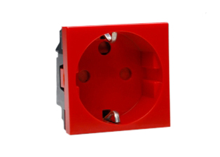 EUROPEAN "SCHUKO" 16 AMPERE-250 VOLT <font color="yellow">TAMPERPROOF</font> MODULAR OUTLET CEE 7/3 TYPE F, (EU1-16R), 45mmX45mm SIZE, TAMPERPROOF SHUTTERED CONTACTS, 2 POLE-3 WIRE GROUNDING (2P+E). RED.

<br><font color="yellow">Notes: </font>  
<br><font color="yellow">*</font> Mounts on American 2X4 wall boxes, requires frame # 79120X45-N & # 79130X45-N wall plate (White, Black, ALU, SS). 
<br> <font color="yellow">*</font> Mounts on American 4X4 wall boxes, requires frame # 79210X45-N & # 79220X45-N wall plate (White, SS).<br><font color="yellow">*</font> Mounts on European wall boxes (60mm on center), requires frame # 79250X45-N & wall plate # 79265X45-N.
<br><font color="yellow">*</font> Surface mount insulated wall boxes # 680602X45 series. Surface mount Metal wall boxes # 79235X45 series.
<br><font color="yellow">*</font> Surface mount weatherproof, IP66 rated. Requires frame # 730092X45 & # 74790X45 wall box.
<br><font color="yellow">*</font> Panel mount frames # 79100X45, # 79100X45-ALU. DIN rail mount Frame # 79595X45. <a href="https://www.internationalconfig.com/catalog_pages/pg94.pdf" style="text-decoration: none" target="_blank"> Panel Mount Instruction Guide</a>
<br><font color="yellow">*</font> Complete range of modular devices and mounting component options. <a href="https://www.internationalconfig.com/modular_electrical_devices.asp" style="text-decoration: none">Modular Devices Link</a>
 <br><font color="yellow">*</font> Wall plates, boxes, outlets, switches, modular GFCI/RCD and circuit breakers are listed below. Scroll down to view.
 