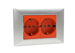 EUROPEAN SCHUKO, ITALY, CHILE, 16A-250V CEE 7/3 DUPLEX OUTLET, TYPE E, F, L (EU1-16R / IT1-10R), SHUTTERED CONTACTS, WALL BOX, PANEL MOUNT, 2 POLE-3 WIRE GROUNDING (2P+E). CHROME / RED.

<br><font color="yellow">Notes: </font> 
<br><font color="yellow">*</font> Mounts on American 2x4 wall boxes or panel mount.


<BR><font color="yellow">*</font> Weatherproof IP 55 Version: Requires ONE # 84202-WP & TWO # 84211-A outlets (White). Options: Red, Dark Gray.


<br><font color="yellow">*</font> Outlet accepts European Type C, E, F, CEE 7, CEE 7/4, CEE 7/7 Plugs, Europlug & Italy, Chile, Type L 10A-250V Plugs.
<br><font color="yellow">*</font> Outlet terminal screws torque = 0.5Nm.
<br><font color="yellow">*</font> European Outlets, RCBO/RCD Sockets, Plugs, PDU Strips, Power Cords listed below. Scroll down to view.


