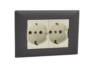 EUROPEAN SCHUKO, ITALY, CHILE, 16A-250V CEE 7/3 DUPLEX OUTLET, TYPE E, F, L (EU1-16R / IT1-10R), SHUTTERED CONTACTS, WALL BOX, PANEL MOUNT, 2 POLE-3 WIRE GROUNDING (2P+E). DARK GRAY / WHITE. 

<br><font color="yellow">Notes: </font> 
<br><font color="yellow">*</font> Mounts on American 2x4 wall boxes or panel mount.


<BR><font color="yellow">*</font> Weatherproof IP 55 Version: Requires ONE # 84202-WP & TWO # 84211-A outlets (White). Options: Red, Dark Gray.


<br><font color="yellow">*</font> Outlet accepts European Type C, E, F, CEE 7, CEE 7/4, CEE 7/7 Plugs, Europlug & Italy, Chile, Type L 10A-250V Plugs.
<br><font color="yellow">*</font> Outlet terminal screws torque = 0.5Nm.
<br><font color="yellow">*</font> European Outlets, RCBO/RCD Sockets, Plugs, PDU Strips, Power Cords listed below. Scroll down to view.



