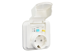 WEATHERPROOF IP44 RATED CLASS 1 (COVER CLOSED)<font color="yellow"> GFCI (RCD) </font> EUROPEAN (SCHUKO) OUTLET, 16 AMPERE-230 VOLT, 50 Hz, <font color="yellow">10mA TRIP</font>, CEE 7/3 TYPE F SOCKET (EU1-16R), SHUTTERED CONTACTS, TEST / RESET BUTTON, ON/OFF INDICATORS, SCREW LESS TERMINALS, 2 POLE-3 WIRE GROUNDING (2P+E). WHITE.

<BR><font color="yellow"> Notes:</font>
<BR><font color="yellow">*</font> Mounts on European wall boxes with 60mm (60.3mm) mounting centers.
<BR><font color="yellow">*</font> Mounts on # wall boxes # 72350X47D, 72350X35D, 72350-F wall boxes or panel mount. 


<BR><font color="yellow">*</font> Use on single phase 230 volt circuits only.
<BR><font color="yellow">*</font> Material = PC. Operating temp. = -25�C to +40�C.
<BR><font color="yellow">*</font> Not for use on life support, medical equipment, refrigeration equipment.
<BR><font color="yellow">*</font> GFCI (RCD) outlets are available for all countries. Contact us.  

