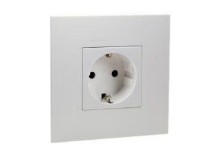EUROPEAN "SCHUKO" 16 AMPERE-250 VOLT SINGLE OUTLET CEE 7/3 TYPE F (EU1-16R), "SHUTTERED CONTACTS", PANEL MOUNT OR MOUNT ON EUROPEAN WALL BOXES, 2 POLE-3 WIRE GROUNDING (2P+E). WHITE. 

<br><font color="yellow">Notes: </font> 
<br><font color="yellow">*</font> Mounts on European wall boxes with 60mm (60.3mm) centers.
<br><font color="yellow">*</font> European Schuko "locking outlet" #70300 available. Prevents accidental disconnects.
<br><font color="yellow">*</font> European "Schuko" connectors, plugs, inlets, outlets, GFCI/RCD sockets, power strips, power cords, plug adapters listed below in related products. Scroll down to view.