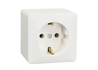 EUROPEAN SCHUKO CEE 7/3 TYPE F (EU1-16R) 16 AMPERE-250 VOLT SURFACE MOUNT SINGLE OUTLET, IP20 RATED, 2 POLE-3 WIRE GROUNDING (2P+E). WHITE.

<br><font color="yellow"> Notes: </font> 
<br><font color="yellow">*</font> Surface mount base plate available, use part #70115-BP.
<br><font color="yellow">*</font> Terminals accept 1.5mm conductors.
<br><font color="yellow">*</font> Terminal screw torque = 0.6Nm, Cover screw torque = 0.4Nm.
<br><font color="yellow">*</font> Operating temp. = -5C to +40C.
 <br><font color="yellow">*</font> European Schuko connectors, plugs, outlets, GFCI/RCD sockets, power strips, power cords are listed below. Scroll down to view.

 