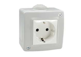 EUROPEAN "SCHUKO" CEE 7/3 TYPE F (EU1-16R) 16 AMPERE-250 VOLT SURFACE MOUNT SINGLE OUTLET, SHUTTERED CONTACTS, 2 POLE-3 WIRE GROUNDING (2P+E). WHITE OUTLET, GREY ENCLOSURE.

<br><font color="yellow">Notes: </font> 
<br><font color="yellow">*</font> European "Schuko" connectors, plugs, inlets, outlets, GFCI/RCD sockets, power strips, power cords, plug adapters listed below in related products. Scroll down to view.