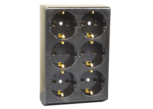 EUROPEAN SCHUKO 16A-250V SURFACE MOUNT SIX OUTLET, IP20, CEE 7/3 TYPE F OUTLET, 2 POLE-3 WIRE GROUNDING (2P+E). BLACK.

<br><font color="yellow">Notes: </font> 

<br><font color="yellow">*</font> Outlet has cord grip / strain relief for extension cord applications. Requires European 16A-250V power cord.</font> <a href="https://internationalconfig.com/icc6.asp?item=81070" style="text-decoration: none">Power Cords Link</a>

<br><font color="yellow">*</font> Surface mount applications require fixing centers. View print for details.

<br><font color="yellow">*</font> Temperature Range: -5C to +40C.
<br><font color="yellow">*</font> Material: Cover = Polypropylene, Base = Urea Resin
<br> <font color="yellow">*</font> Screw Torque: L + N + E Terminals & Cover = 0.4Nm, Internal Cord Clamp = 0.8Nm. 
 
 
<br><font color="yellow">*</font> European Schuko connectors, plugs, inlets, outlets, GFCI/RCD sockets, power strips, power cords, plug adapters listed below. Scroll down to view.
