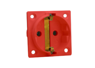 EUROPEAN "SCHUKO" 16 AMPERE-250 VOLT CEE 7/3 TYPE F OUTLET (EU1-16R), 50mmX50mm SIZE, PANEL MOUNT OR WALL BOX MOUNT, 2 POLE-3 WIRE GROUNDING (2P+E), IMPACT RESISTANT NYLON. RED.

<br><font color="yellow">Notes: </font> 
<br><font color="yellow">*</font> Terminal screw torque = 0.5Nm.
<br><font color="yellow">*</font> Stainless steel wall plates #97120-BZ and #97120-DBZ mounts outlet onto standard American 2x4 and 4x4 wall boxes.
<br><font color="yellow">*</font> For surface mount applications use #70125 wall box.
<br><font color="yellow">*</font> For DIN rail mount use #70125-DIN bracket with #70125 wall box.
<br><font color="yellow">*</font> Optional panel mount terminal shield #70127 available.
<br><font color="yellow">*</font> European Schuko "locking" outlet #70300 available. Prevents accidental disconnects.
<br><font color="yellow">*</font> International / Worldwide panel mount power outlets for all countries are listed below in related products. Scroll down to view.