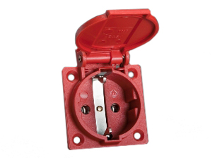 EUROPEAN "SCHUKO" CEE 7/3 (EU1-16R) 16 AMPERE-250 VOLT WEATHERPROOF PANEL OR WALL BOX MOUNT POWER OUTLET WITH GASKET, (IP54 COVER CLOSED, IP20 COVER OPEN), 2 POLE-3 WIRE GROUNDING (2P+E). RED. 

<br><font color="yellow">Notes: </font> 
<br><font color="yellow">*</font> Temp. range = -25�C to +40�C.
<br><font color="yellow">*</font> Stainless steel wall plates #97120-BZ and #97120-DBZ mounts outlet onto standard American 2x4 and 4x4 wall boxes.
<br><font color="yellow">*</font> For surface mount applications use #70125 wall box.
<br><font color="yellow">*</font> For DIN rail mount use #70125-DIN bracket with #70125 wall box.
<br><font color="yellow">*</font> Optional panel mount terminal shield #70127 available.
<br><font color="yellow">*</font> European Schuko "locking" outlet #70300 available. Prevents accidental disconnects.
<br><font color="yellow">*</font> International / Worldwide panel mount power outlets for all countries are listed below in related products. Scroll down to view.