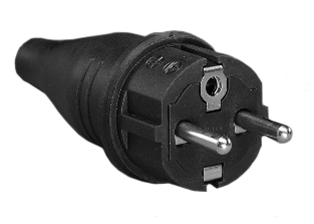 EUROPEAN SCHUKO, GERMANY, FRANCE, BELGIUM CEE 7/7 (EU1-16P) 16 AMPERE-250 VOLT TYPE E, F PLUG, 4.8 mm DIA. PINS, 2 POLE-3 WIRE GROUNDING (2P+E), RUBBER, SPLASHPROOF (IP44), MAX. CORD O.D. = 8.0mm (0.315"), BLACK.

<br><font color="yellow">Notes: </font> 
<br><font color="yellow">*</font> European Schuko "locking plug" #70341-N listed below in related products. Prevents accidental disconnects.