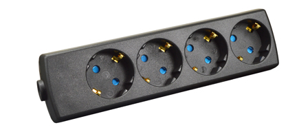 EUROPEAN SCHUKO CONNECTOR, 16 AMPERE-250 VOLT TYPE F CEE 7/3 (EU1-16R) POWER STRIP / REWIREABLE IN-LINE CONNECTOR,  FOUR <font color=ORANGE>(45� ANGLE)</font> OUTLETS, SHUTTERED CONTACTS, IP20 RATED, 2 POLE-3 WIRE GROUNDING (2P+E), NYLON. BLACK. 

<br> <font color="yellow">Notes: </font>
<br> <font color="yellow">*</font> View print for power supply cords or use 1.5mm� cordage. Max. O.D. = 10mm (0.394").
<br><font color="yellow">*</font> Select a European 16A-250V power cord.</font> <a href="https://internationalconfig.com/icc6.asp?item=81070" style="text-decoration: none">Power Cords Link</a>
<br> <font color="yellow">*</font> ROJ from cable, Strip three conductors 80mm (3.15").  
<br> <font color="yellow">*</font> Screw Torque: L + N Terminals = 0.4Nm, PE "Earth" = 0.6Nm, Cord Clamp = 0.6Nm. 
<br> <font color="yellow">*</font> Temp. Range: Nylon (PA) Temp. rating = -40�C to +75�C., VDE Minimum Temp. rating = -5�C to +35�C. 
<br> <font color="yellow">*</font> European Schuko plugs, outlets, power cords, GFCI/RCD outlets, power strips, adapters listed below. Scroll down to view.