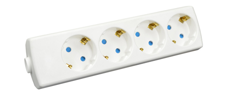 EUROPEAN SCHUKO CONNECTOR, 16 AMPERE-250 VOLT TYPE F CEE 7/3 (EU1-16R) POWER STRIP / REWIREABLE IN-LINE CONNECTOR, FOUR <font color=ORANGE>(45 ANGLE)</font> OUTLETS, SHUTTERED CONTACTS, IP20 RATED, 2 POLE-3 WIRE GROUNDING (2P+E), NYLON. WHITE. 
<br> <font color="yellow">Notes: </font>
<br> <font color="yellow">*</font> View print for power supply cords or use 1.5mm cordage. Max. O.D. = 10mm (0.394").
<br><font color="yellow">*</font> Select a European 16A-250V power cord.</font> <a href="https://internationalconfig.com/icc6.asp?item=81070" style="text-decoration: none">Power Cords Link</a>
<br> <font color="yellow">*</font> ROJ from cable, Strip three conductors 80mm (3.15").  
<br> <font color="yellow">*</font> Screw Torque: L + N Terminals = 0.4Nm, PE "Earth" = 0.6Nm, Cord Clamp = 0.6Nm. 
<br> <font color="yellow">*</font> Temp. Range: Nylon (PA) Temp. rating = -40C to +75C., VDE Minimum Temp. rating = -5C to +35C. 
<br> <font color="yellow">*</font> European Schuko plugs, outlets, power cords, GFCI/RCD outlets, power strips, adapters listed below. Scroll down to view.