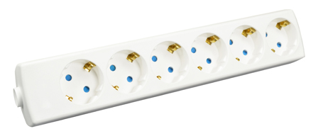 EUROPEAN SCHUKO CONNECTOR, 16 AMPERE-250 VOLT TYPE F CEE 7/3 (EU1-16R) POWER STRIP / REWIREABLE IN-LINE CONNECTOR, SIX <font color=ORANGE>(45� ANGLE)</font> OUTLETS, SHUTTERED CONTACTS, IP20 RATED, 2 POLE-3 WIRE GROUNDING (2P+E) NYLON. WHITE.

<br> <font color="yellow">Notes: </font>
<br> <font color="yellow">*</font> View print for power supply cords or use 1.5mm� cordage. Max. O.D. = 10mm (0.394").
<br><font color="yellow">*</font> Select a European 16A-250V power cord.</font> <a href="https://internationalconfig.com/icc6.asp?item=81070" style="text-decoration: none">Power Cords Link</a>
<br> <font color="yellow">*</font> ROJ from cable, Strip three conductors 80mm (3.15").  
<br> <font color="yellow">*</font> Screw Torque: L + N Terminals = 0.4Nm, PE "Earth" = 0.6Nm, Cord Clamp = 0.6Nm. 
<br> <font color="yellow">*</font> Temp. Range: Nylon (PA) Temp. rating = -40�C to +75�C., VDE Minimum Temp. rating = -5�C to +35�C. 
<br> <font color="yellow">*</font> European Schuko plugs, outlets, power cords, GFCI/RCD outlets, power strips, adapters listed below. Scroll down to view.