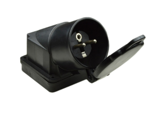 EUROPEAN "SCHUKO" 16 AMPERE-250 VOLT CEE 7/7 TYPE E, F, (EU1-16) WEATHERPROOF (IP44) POWER INLET, SNAP-SHUT CLOSURE LID, 2 POLE-3 WIRE GROUNDING (2P+E), SURFACE MOUNT. BLACK. 

<br><font color="yellow">Notes: </font> 
<br><font color="yellow">*</font> Accepts European #70161 (EU1-16R), French #71161 (FR1-16R) type connectors.
<br><font color="yellow">*</font> European CEE 7/7 IP68 locking power inlets #71442, #71443, #71444 available. Prevents accidental disconnects.
<br><font color="yellow">*</font> European extension cords, GFCI (RCD) extension cords, plugs, connectors, power cords, IP68 "locking" European power inlets/outlets are listed below in related products. Scroll down to view.




 