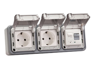 EUROPEAN SCHUKO 16 AMPERE-230 VOLT CEE 7/3 <font color="yellow">GFCI (RCBO/RCD)</font> DUPLEX OUTLET, TYPE F (EU1-16R), 50/60 Hz, <font color="yellow">(30mA TRIP)</font>, HORIZONTAL SURFACE MOUNT, IP55 RATED WEATHERPROOF BOX AND COVER (GLAND TYPE CABLE ENTRY), 2 POLE-3 WIRE GROUNDING (2P+E). GRAY.

<BR><font color="yellow">Notes:</font>
<BR><font color="yellow">*</font> Downstream outlets can be protected. Use on single phase 230 volt circuits only.
<BR><font color="yellow">*</font> Latched RCD, No reset after power failure. RCBO (single pole + neutral) provides over current protection.
<BR><font color="yellow">*</font> Screw terminal torque = 0.08Nm. Operating temp. = -5C to +40C. 
<BR><font color="yellow">*</font> Weatherproof IP66 rated outlets listed below. Scroll down to view.
<BR> <font color="yellow">*</font> Not for use on life support, medical equipment, refrigeration equipment.  
 <BR><font color="yellow">*</font> GFCI (RCBO/RCD) outlets are available for all countries. Contact us.  
