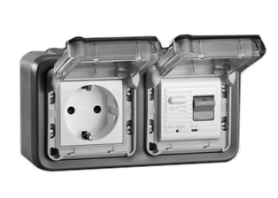 EUROPEAN "SCHUKO" 16 AMPERE-230 VOLT CEE 7/3 <font color="yellow">GFCI (RCBO/RCD)</font> (EU1-16R) OUTLET, 50/60 Hz, <font color="yellow">(10mA TRIP)</font>, HORIZONTAL SURFACE MOUNT, IP55 RATED WEATHERPROOF BOX AND COVER (GLAND TYPE CABLE ENTRY), 2 POLE-3 WIRE GROUNDING (2P+E). GRAY.

<BR><font color="yellow">Notes:</font>
<BR><font color="yellow">*</font> Downstream outlets can be protected. Use on single phase 230 volt circuits only.
<BR><font color="yellow">*</font> Latched RCD, No reset after power failure. RCBO (single pole + neutral) provides over current protection.
<BR><font color="yellow">*</font> Screw terminal torque = 0.08Nm. Operating temp. = -5�C to +40�C. 
<BR><font color="yellow">*</font> Weatherproof IP66 rated outlets listed below. Scroll down to view.
<BR> <font color="yellow">*</font> Not for use on life support, medical equipment, refrigeration equipment.  
 <BR><font color="yellow">*</font> GFCI (RCBO/RCD) outlets are available for all countries. Contact us.  

