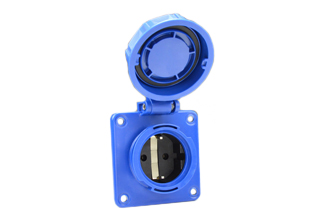 EUROPEAN SCHUKO LOCKING (*) 16 AMPERE-250 VOLT CEE 7/3 (EU1-16R) TYPE E, F, IP66 / IP68 WATERTIGHT OUTLET (WITH GASKET), SHUTTERED CONTACTS, PANEL OR WALL BOX MOUNT, 2 POLE-3 WIRE GROUNDING (2P+E). BLUE. 

<br><font color="yellow">Notes: </font> 
<br><font color="yellow">*</font> Temp. range = -5�C to + 35�C.
<br><font color="yellow">*</font> (*) Locking and watertight when connected with #70341-N, #71341, #71441 plugs. Twist type locking collar locks and seals connection. Prevents accidental disconnects.
<br><font color="yellow">*</font> Surface mount = Use #71325 wall box listed below in related products.
<br><font color="yellow">*</font> France / Belgium IP66, IP68, locking / watertight outlets, plugs, connectors and IP44, IP54 International / Worldwide panel mount / wall box mount power outlets for all countries are listed below in related products. Scroll down to view.