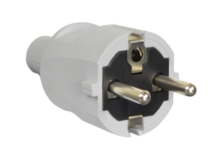 FRANCE, BELGIUM, EUROPEAN SCHUKO, GERMANY PLUG, 16 AMPERE-250 VOLT CEE 7/7 (FR1-16P) TYPE E, F PLUG (4.8mm DIA. PINS), IP20 RATED, REWIREABLE PLUG, 2 POLE-3 WIRE GROUNDING (2P+E), IMPACT RESISTANT,  O.D. CORD GRIP = 10.4mm (0.409") DIA., GRAY.

<br><font color="yellow">Notes: </font> 
<br><font color="yellow">*</font> Material = PVC, PA.
<br><font color="yellow">*</font> Operating temp. = -15C to +35C.
<br><font color="yellow">*</font> Storage temp. = -15C to +60C.
<br><font color="yellow">*</font> Terminals accept 0.75mm-1.5mm conductors.
<br><font color="yellow">*</font> Screw torques: Terminals = 0.5Nm / 0.8Nm., Strain relief = 0.5Nm, Housing = 0.5Nm.
<br><font color="yellow">*</font> CEE 7/7 European Schuko type plugs & power cords connect with <font color="yellow"> France / Belgium CEE 7/5</font> outlets, sockets, connectors.
