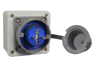 EUROPEAN SCHUKO 16 AMPERE 220-250 VOLT, 50/60 Hz, I 68 RATED WATERTIGHT SURFACE MOUNT LOCKING FLANGED INLET (**), CEE 7/4 TYPE F (EU1-16P), 2 POLE-3 WIRE GROUNDING (2P+E). GRAY / BLUE.

<br><font color="yellow">Notes: </font> 
<br><font color="yellow">*</font> Material: PA6 (Nylon) Temp. Range:-40�C to +80�C.
<br><font color="yellow">*</font> (**) Locks onto <font color="yellow"> # 71445, # 70361 power connectors.</font> Twist type locking collar locks and seals connection. 
<br><font color="yellow">*</font> Closure cover for # 71443 inlet available, protects inlet from weather and impact damage, when required order cover # 71440-A.
<br><font color="yellow">*</font> Terminal torque = 3Nm max.
<br><font color="yellow">*</font> European German Schuko IP68, locking / watertight outlets, plugs, connectors and IP44, IP54 International / Worldwide panel mount / wall box mount power outlets for all countries are listed below. Scroll down to view.