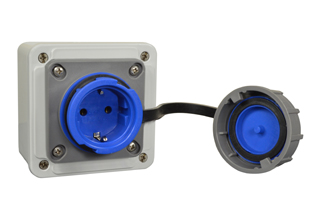EUROPEAN SCHUKO 16 AMPERE 220-250 VOLT, 50/60 Hz, IP68 RATED WATERTIGHT SURFACE MOUNT LOCKING OUTLET (**), CEE 7/3 TYPE F (EU1-16R), 2 POLE-3 WIRE GROUNDING (2P+E). GRAY / BLUE.

<br><font color="yellow">Notes: </font> 
<br><font color="yellow">*</font> Terminal torque = 3Nm max.
<br><font color="yellow">*</font> Material: PA6 (Nylon) Temp. Range:-40�C to +80�C. 
<br><font color="yellow">*</font> (**) Locks onto # 71441, #70341-N, # 71341 plugs. Twist type locking collar seals connection. Prevents accidental disconnects.   
<br><font color="yellow">*</font> European German Schuko IP68, locking / watertight outlets, plugs, connectors and IP44, IP54 International / Worldwide panel mount / wall box mount power outlets for all countries. Scroll down to view.