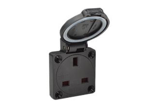 UNITED KINGDOM, UK, BRITISH 13 AMPERE-250 VOLT BS 1363A TYPE G OUTLET (UK1-13R), PANEL OR WALL BOX MOUNT, (IP54 RATED COVER CLOSED) WEATHERPROOF SOCKET WITH GASKET, SHUTTERED CONTACTS, "T" MARK - IMPACT RESISTANT, 2 POLE-3 WIRE GROUNDING (2P+E). BLACK.

<br><font color="yellow">Notes: </font> 
<br><font color="yellow">*</font> Recommended terminal torque = 0.33Nm-0.50Nm.
<br><font color="yellow">*</font> Stainless steel wall plates #97120-BZ and #97120-DBZ mounts outlet onto standard American 2X4 and 4X4 wall boxes.
<br><font color="yellow">*</font> Not for use with #70125 wall box.
<br><font color="yellow">*</font> Optional panel mount terminal shield #70127 available.
<br><font color="yellow">*</font> British, United Kingdom plugs outlets, connectors, power cords, socket strips, GFCI (RCD) outlets are listed below in related products. Scroll down to view.