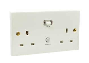 BRITISH, UNITED KINGDOM 13 AMPERE-230 VOLT, 50Hz, <font color="yellow"> GFCI [RCD] DUPLEX OUTLET, </font> [UK1-13R],  <font color="yellow">30mA TRIP</font>, BS 1363 TYPE G SOCKETS, SHUTTERED CONTACTS, (86mmX146mm) SIZE, PANEL MOUNT, WALL BOX MOUNT, IP40, 2 POLE-3 WIRE GROUNDING [2P+E]. WHITE.

<BR> <font color="yellow"> Notes:</font>
<BR> <font color="yellow">*</font> Outlet mounts on European, British wall boxes with 120mm (120.6mm) centers.
<br> <font color="yellow">*</font> Passive design [automatic reset], will not trip on power failure.
<br> <font color="yellow">*</font> RCD contact break: Double pole.
<br> <font color="yellow">*</font> Trip speed: Less than 20ms.
<br> <font color="yellow">*</font> LED Power indicator.
<BR> <font color="yellow">*</font> European wall boxes available #72355X47D, 72355X35D, 72355X25D, 72355-F, 72365, 72365-RED.
<BR> <font color="yellow">*</font> Weatherproof enclosure available #74790-B2 [IP66 rated], cover closes & locks over down angle plugs [Not all plug variations].  
<BR> <font color="yellow">*</font> Weatherproof cover available #74790-DX [IP54 rated], weatherproofs outlets only [less mating plugs]. Contact sales for details.
 
<BR> <font color="yellow">*</font> British, United Kingdom power cords, plugs, GFCI-RCD outlets, connectors, socket strips, extension cords, plug adapters listed below in related products. Scroll down to view.