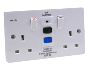 BRITISH, UNITED KINGDOM 13 AMPERE-230 VOLT, 50Hz, <font color="yellow"> GFCI [RCD] DUPLEX OUTLET, </font> [UK1-13R], <font color="yellow"> 10mA TRIP</font>, BS 1363 TYPE G SOCKETS, SHUTTERED CONTACTS (86mmX146mm)SIZE, PANEL MOUNT, WALL BOX MOUNT, 2 POLE-3 WIRE GROUNDING [2P+E]. WHITE.

<BR> <font color="yellow"> Notes:</font>
<BR> <font color="yellow">*</font> Outlet mounts on European, British wall boxes with 120mm (120.6mm) centers.

<BR> <font color="yellow">*</font> European wall boxes available  # 72355X47D, 72355X35D, 72355X25D, 72355-F, 72365, 72365-RED.
<br> <font color="yellow">*</font> Passive design [automatic reset], will not trip on power failure.
<BR> <font color="yellow">*</font> Weatherproof enclosure available # 74790-B2 [IP66 rated], cover closes & locks over down angle plugs [Not all plug variations].  
<BR> <font color="yellow">*</font> Weatherproof cover available # 74790-DX [IP54 rated], weatherproofs outlets only [less mating plugs]. Contact sales for details.
 
<BR> <font color="yellow">*</font> British, United Kingdom power cords, plugs, GFCI-RCD outlets, connectors, socket strips, extension cords, plug adapters listed below in related products. Scroll down to view.