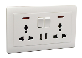 UNIVERSAL EUROPEAN, INTERNATIONAL <font color="yellow">MULTI-CONFIGURATION</font>, BRITISH, UNITED KINGDOM 13 AMPERE-250 VOLT DUPLEX OUTLET, BS 1363 TYPE G (UK1-13R), (86mmX146mm Size), TWO USB PORTS, LED INDICATOR, SINGLE POLE ON/OFF SWITCHES, SHUTTERED CONTACTS, 2 POLE-3 WIRE GROUNDING (2P+E). WHITE. 

<br><font color="yellow">Notes: </font> 
<BR> <font color="yellow">*</font> Outlet mounts on European, British wall boxes with 120mm (120.6mm) centers.
<br><font color="yellow">*</font> View # 72355X47D, 72355X35D, 72355X25D, 72355-F, 72365, 72365-RED, 77190-D wall box series.
<br><font color="yellow">*</font> Weatherproof Cover available, IP44 Rated # 74790-DX.
<BR><font color="yellow">*</font> Weatherproof enclosure available # 74790-B2 (IP66 rated). Cover closes over (down angle) type plugs (Not all plug variations).


<br><font color="yellow">*</font> Input: 130V-250V 50/60 Hz. Output = DC 5.0V, 2100mA of Combined USB Outlets.
<br><font color="yellow">*</font> Each BS 1363 power outlet requires a separate (Earth) grounding conductor . See print for details.
<br><font color="yellow">*</font> Complete list of mating International plugs on print.
<br><font color="yellow">*</font> Plug Adapters # 30140. Adapter provide "Earth" grounding connection for European CEE 7/7, CEE 7/4 "Schuko" plugs.
<br><font color="yellow">*</font> Universal outlets, GFCI outlets, socket strips, wall boxes, plug adapters are listed below in related products. Scroll down to view.