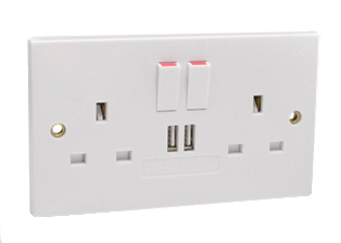 UK, BRITISH, UNITED KINGDOM 13 AMPERE-250 VOLT <font color="yellow">DUPLEX OUTLET, 50Hz, WITH TWO USB PORTS, (86mmX146mm Size)</font>, BS 1363 TYPE G SOCKETS (UK1-13R), SINGLE POLE ON/OFF SWITCHES, SHUTTERED CONTACTS. WHITE.

<br><font color="yellow">Notes: </font> 
<br><font color="yellow">*</font> USB Output (Combined) DC 5.0V / 2,100mA , USB Input : 130mA, 250Vac 50Hz.


<br><font color="yellow">Notes: </font> 
<br><font color="yellow">*</font> Weatherproof Cover available, IP44 Rated # 74790-DX.
<br><font color="yellow">*</font> Weatherproof enclosure available, IP66 Rated # 74790-B2.
<br><font color="yellow">*</font> European wall boxes. # 72355X47D, 72355X35D, 72355X25D, 72355-F, 72365, 72365-RED, 77190-D, series.

<br><font color="yellow">*</font> British, United Kingdom plugs, power cords, outlets, power strips, GFCI-RCD receptacles, plug adapters listed below in related products. Scroll down to view.
 