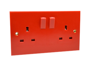 BRITISH, UNITED KINGDOM 13 AMPERE-250 VOLT DUPLEX OUTLET [86mmX146mm Size], [UK1-13R], BS 1363 TYPE G SOCKETS, DOUBLE POLE ON/OFF SWITCHES CONTROL OUTLETS, SHUTTERED CONTACTS, 2 POLE-3 WIRE GROUNDING [2P+E], ISOLATED GROUND [CLEAN EARTH]. RED.

<br><font color="yellow">Notes: </font> 
<br><font color="yellow">*</font> Weatherproof Cover available, IP44 Rated # 74790-DX.
<br><font color="yellow">*</font> Weatherproof enclosure available, IP66 Rated # 74790-B2.
<br><font color="yellow">*</font> European wall boxes. # 72355X47D, 72355X35D, 72355X25D, 72355-F, 72365, 72365-RED, 77190-D, series.

<br><font color="yellow">*</font> Applications include general use and dedicated circuits in commercial, industrial, hospital or medical installations.
<br><font color="yellow">*</font> Red color plugs #72140-RED, #72140-RED-H [hospital property] are listed below. Scroll down to view.
<br><font color="yellow">*</font> British, United Kingdom plugs, power cords, outlets, power strips, GFCI-RCD receptacles, plug adapters listed below in related products. Scroll down to view.
  
  