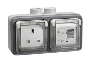 BRITISH, UNITED KINGDOM (BS 1363), SAUDIA ARABIA (SASO 2203) 13 AMPERE-230 VOLT <font color="yellow">GFCI (RCBO/RCD)</font> OUTLET, TYPE G (UK1-13R, SA1-13R), 50/60 Hz, (<font color="yellow"> (10mA TRIP)</font>, SHUTTERED CONTACTS, WEATHERPROOF, IP55 RATED, HORIZONTAL SURFACE MOUNT WALL BOX, (<font color="yellow">**</font>) M20 HUB TYPE CABLE ENTRIES, CLEAR LIFT LID COVERS, 2 POLE-3 WIRE GROUNDING (2P+E). GRAY. 

<BR><font color="yellow">Notes:</font>
<BR><font color="yellow">**</font> M20 adapter #01614 available. Converts M20 to 1/2 inch National Pipe Thread (NPT). 
<BR><font color="yellow">*</font> Downstream outlets can be protected. Use on single phase 230 volt circuits only.
<BR><font color="yellow">*</font> Latched RCD, No reset after power failure. RCBO (single pole + neutral) provides over current protection.
<BR><font color="yellow">*</font> Screw terminal torque = 0.08Nm. Operating temp. = -5�C to +40�C. 
<BR><font color="yellow">*</font> Weatherproof IP66 rated outlets listed below. Scroll down to view.
<BR><font color="yellow">*</font> GFCI (RCBO/RCD) outlets are available for all countries. Contact us.  

