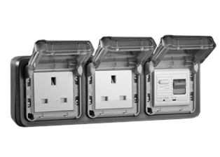 BRITISH, UNITED KINGDOM (BS 1363), SAUDIA ARABIA (SASO 2203) 13 AMPERE-230 VOLT <font color="yellow">GFCI (RCBO/RCD)</font> DUPLEX OUTLET, TYPE G (UK1-13R, SA1-13R), 50/60 Hz, (<font color="yellow"> (30mA TRIP)</font>, SHUTTERED CONTACTS, WEATHERPROOF, IP55 RATED, HORIZONTAL SURFACE MOUNT WALL BOX, GLAND TYPE CABLE ENTRY, CLEAR LIFT LID COVERS, 2 POLE-3 WIRE GROUNDING (2P+E). GRAY.

<BR><font color="yellow">Notes:</font>
<BR><font color="yellow">*</font> Downstream outlets can be protected. Use on single phase 230 volt circuits only.
<BR><font color="yellow">*</font> Latched RCD, No reset after power failure. RCBO (single pole + neutral) provides over current protection.
<BR><font color="yellow">*</font> Screw terminal torque = 0.08Nm. Operating temp. = -5�C to +40�C. 
<BR><font color="yellow">*</font> Weatherproof IP66 rated outlets listed below. Scroll down to view.
<BR><font color="yellow">*</font> GFCI (RCBO/RCD) outlets are available for all countries. Contact us.  