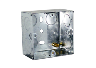 EUROPEAN, INTERNATIONAL, BRITISH, UNITED KINGDOM FLUSH MOUNT ONE GANG STEEL WALL BOX <br><font color="yellow">(47mm DEEP)</font> WITH "EARTH" GROUNDING TERMINAL, 20mm AND 25mm KNOCKOUTS. 

<br><font color="yellow">Notes: </font> 
<BR><font color="yellow">*</font> Accepts 86mmX86mm size Sockets, Outlets, Switches, Devices with 60mm (60.3mm) mounting centers.
<br><font color="yellow">*</font> Verify mating product(s) depth dimension for compatibility with # 72350X47D wall box.
<br><font color="yellow">*</font> Other size wall boxes available, view # 72350X35D, 72350X25D, 72350X16D,72355X35DDG.
<br><font color="yellow">*</font> Surface mount modular device wall boxes available, view part # 79235X45, # 79230X45 series.
<br><font color="yellow">*</font> British, United Kingdom plugs, power cords, outlets, power strips, GFCI-RCD receptacles, sockets, connectors, extension cords, plug adapters listed below in related products. Scroll down to view.
 