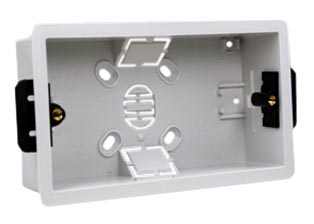 EUROPEAN, INTERNATIONAL, BRITISH, UNITED KINGDOM FLUSH MOUNT TWO GANG WALL BOX <br><font color="yellow">(35mm DEEP)</font>. MOUNTS DUPLEX OUTLETS IN SHEET ROCK WALLS OR 1/4"-7/8" INCH THICK PANELS.

<br><font color="yellow">Notes: </font>
<br><font color="yellow">*</font> Accepts 86mmX146mm Size Sockets, Outlets, Switches, Devices with 120mm (120.6mm) mounting centers.


<br><font color="yellow">*</font> Accepts NEMA 5-15R outlets, European , British & <font color="yellow">Universal outlets </font>.  View <a href="https://internationalconfig.com/icc6.asp?item=73552-US" style="text-decoration: none">NEMA 5-15R & Universal Versions</a>

<br><font color="yellow">*</font> Verify mating components depth dimension for compatibility with # 72355-F. Box requires 75mm X 135mm wall / panel cutout.

<br><font color="yellow">*</font> Surface mount modular device wall boxes available. View # 79230X45.


 <br><font color="yellow">*</font> Wall box also accepts International modular type devices. View outlets, switches, GFCI / RCD options. <a href="https://www.internationalconfig.com/modular_electrical_devices.asp" style="text-decoration: none">Modular Devices Link</a>

 <br><font color="yellow">*</font> British, United Kingdom plugs, power cords, outlets, power strips, GFCI-RCD receptacles, sockets, connectors, listed below in related products. Scroll down to view.
 

 