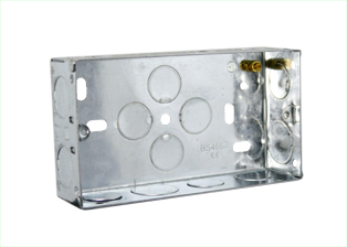EUROPEAN, INTERNATIONAL, BRITISH, UNITED KINGDOM STEEL FLUSH MOUNT TWO GANG WALL BOX <br><font color="yellow">(35mm DEEP)</font> WITH "EARTH" GROUNDING TERMINAL, 20mm & 25mm KNOCKOUTS. 

<br><font color="yellow">Notes: </font> 
<br><font color="yellow">*</font> Accepts 86mmX146mm Size Sockets, Outlets, Switches, Devices with 120mm (120.6mm) mounting centers.
<br><font color="yellow">*</font> Verify mating product(s) depth dimension for compatibility with # 72355X35D wall box.
<br><font color="yellow">*</font> Other wall boxes available, view # 72355X47D, 72355X25D, 72355X35DDG.
<br><font color="yellow">*</font> Surface mount modular device wall boxes available, view part # 79235X45, #79230X45 series.
<br><font color="yellow">*</font> British, United Kingdom plugs, power cords, outlets, power strips, GFCI-RCD receptacles, sockets, connectors, extension cords, plug adapters listed below in related products. Scroll down to view.
 