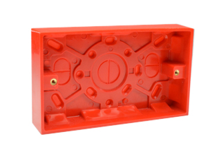EUROPEAN, INTERNATIONAL, UK, BRITISH, UNITED KINGDOM SURFACE MOUNT TWO GANG WALL BOX. RED. OVERALL BOX HEIGHT (30mm), INTERNAL BOX DEPTH <br><font color="yellow">(25mm DEEP)</font>.

<br><font color="yellow">Notes: </font> 
<br><font color="yellow">*</font> Accepts 86mmX146mm Size Sockets, Outlets, Switches, Devices with 120mm (120.6mm) mounting centers.
<br><font color="yellow">*</font> Applications include general use and �dedicated circuits� in commercial, industrial, hospital or medical installations.
<br><font color="yellow">*</font> Wall box accepts outlets # 72316-RED, 72320-RED, 72320-RED-CE, 72320-DP-RED, 72316, 72320, 72320-DP, 72300-D, 72300-DS-10MA.
<br><font color="yellow">*</font> Verify mating product(s) depth dimension for compatibility with # 72365-RED wall box.
<br><font color="yellow">*</font> Surface mount modular device wall boxes available, view part # 79230X45, #79235X45 series.
<br><font color="yellow">*</font> British, United Kingdom plugs, power cords, outlets, power strips, GFCI-RCD receptacles, sockets, connectors, extension cords, plug adapters listed below in related products. Scroll down to view.
