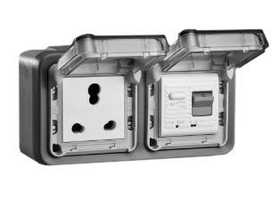 SOUTH AFRICA 16 AMPERE-230 VOLT GFCI (RCBO/RCD) OUTLET, BS 546 / <font color="yellow">TYPE M</font> (UK1-15R), 6 AMPERE-250 VOLT OUTLET, <font color="yellow">TYPE D</font> (UK3-5R), 50/60 Hz, <font color="yellow">10mA TRIP</font>, SHUTTERED CONTACTS, 2 POLE-3 WIRE GROUNDING (2P+E), IP55 RATED WEATHERPROOF BOX AND COVER, (GLAND TYPE CABLE ENTRY <font color="yellow">**</font>), HORIZONTAL SURFACE MOUNT. GRAY. 
<br><font color="yellow">Notes: </font> 
<BR><font color="yellow">*</font> BIS [Bureau of India Standards] Approved Outlet. <BR><font color="yellow">*</font> Accepts South Africa 25A-250V, 16A-250V type M, 6A-250V type D plugs.  
<BR><font color="yellow">**</font> <font color="Orange"> M20 "Hub Entry" designs and IP66 rated versions available.</font> GFCI (RCBO/RCD) outlets are available for all countries.
<br><font color="yellow">*</font> South Africa power cords, outlets, GFCI-RCD receptacles, sockets, plug adapters listed below in related products. Scroll down to view.



  

  

 