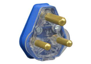 SOUTH AFRICA PLUG, 16 AMPERE-250 VOLT, TYPE M PLUG, SANS 164-4 (SA4-16P), REWIREABLE <font color="yellow">DEDICATED CIRCUIT </font> PLUG, 2 POLE-3 WIRE GROUNDING (2P+E), O.D. CORD GRIP = 9.5mm (0.374") DIA., BLUE. SABS APPROVED.  

<br><font color="yellow">Notes: </font> 
<br><font color="yellow">*</font> #73460-BLU "dedicated" plug connects with #73405 blue color "dedicated" outlets and standard South Africa 16A-250V SANS 164-1 type M outlets. Plug will not connect with South Africa red color or black color "dedicated" outlets.
<br><font color="yellow">*</font> Typical "dedicated circuit" plug, outlet applications are listed below:
<BR>Red Color: Safe, Local Network, Independent of Standard power supply, Clean earth wiring system.
<BR>Blue Color: Local Network with uninterrupted power supply.
<BR>Black Color: Isolated power supply with clean system earth, and/or circuit that runs through a 1:1 isolating transformer.